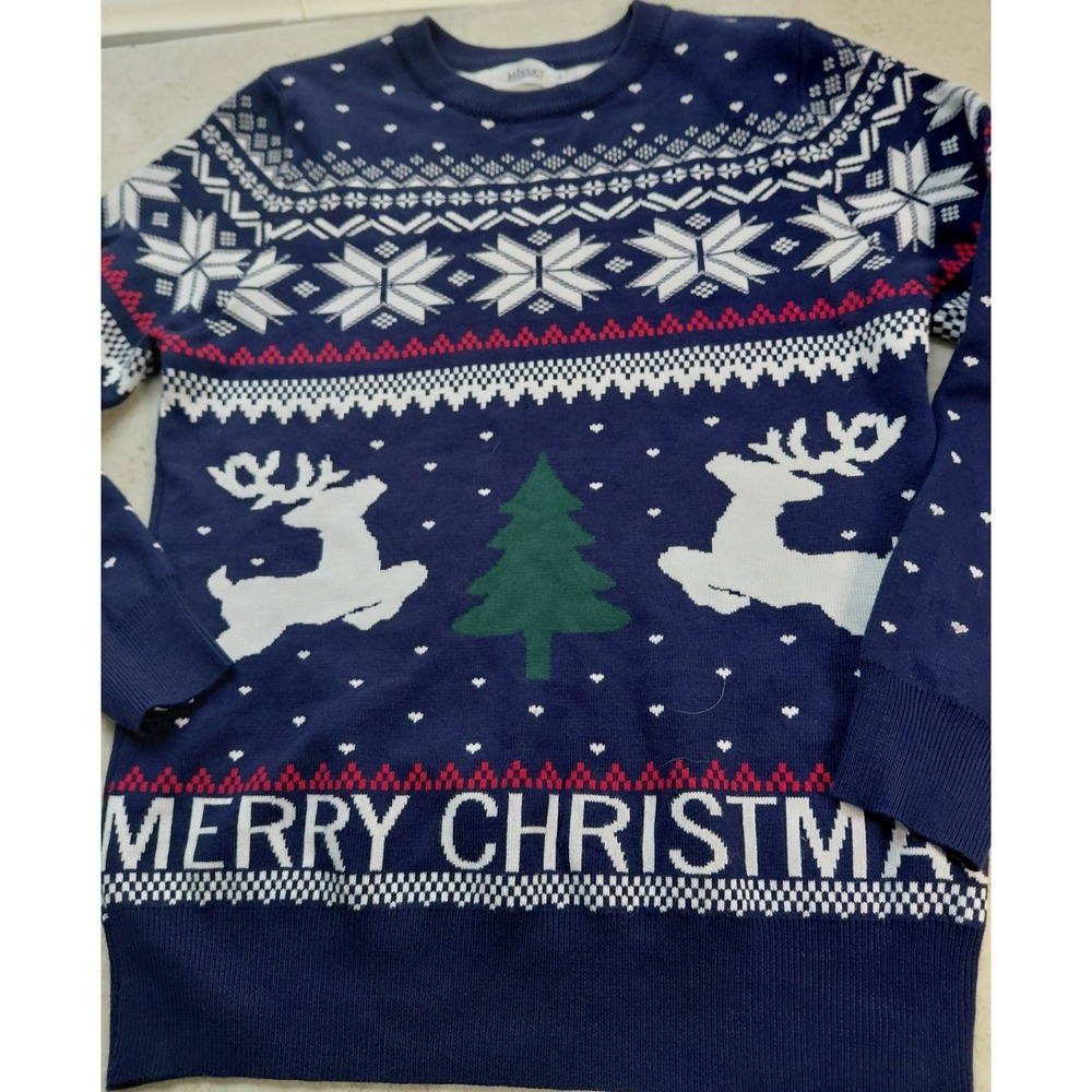 MissKY Unisex Ugly Christmas Sweater Reindeer Blue Pullover Mens Medium